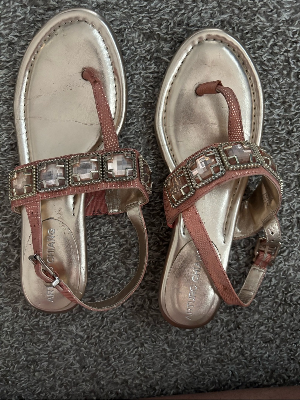 Arturo Chiang Coral Jeweled T-Strap Sandals